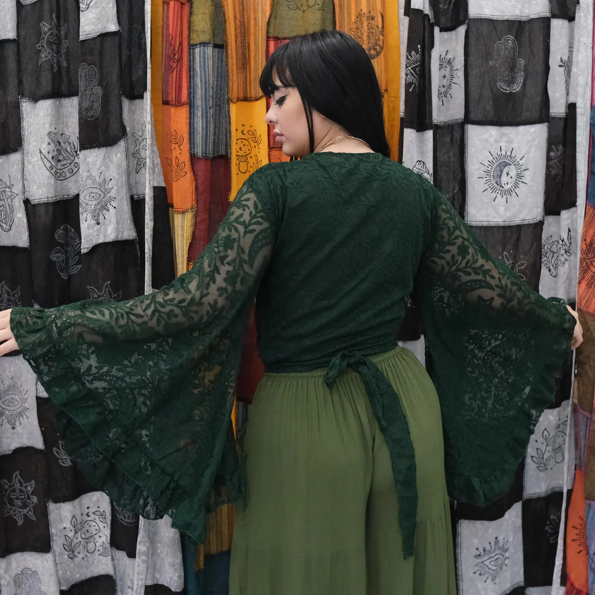 Sheer Celestial Lace Wrap Top Bell Sleeves, Fairy core Boho Blouse, Multi Way Ruffle Sleeve Top