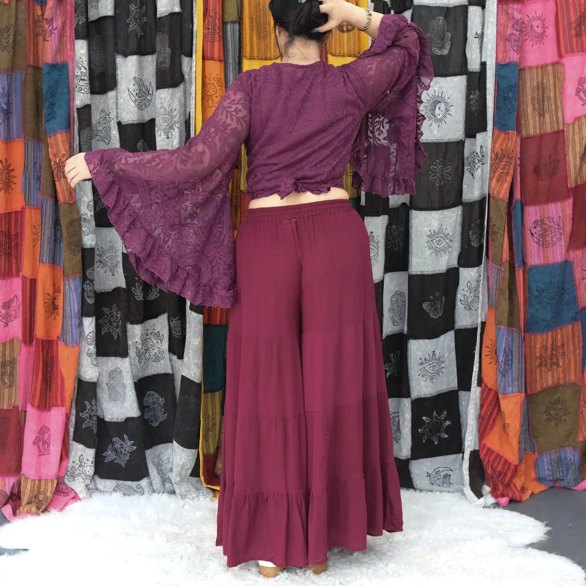 Sheer Celestial Lace Wrap Top Bell Sleeves, Fairy core Boho Blouse, Multi Way Ruffle Sleeve Top
