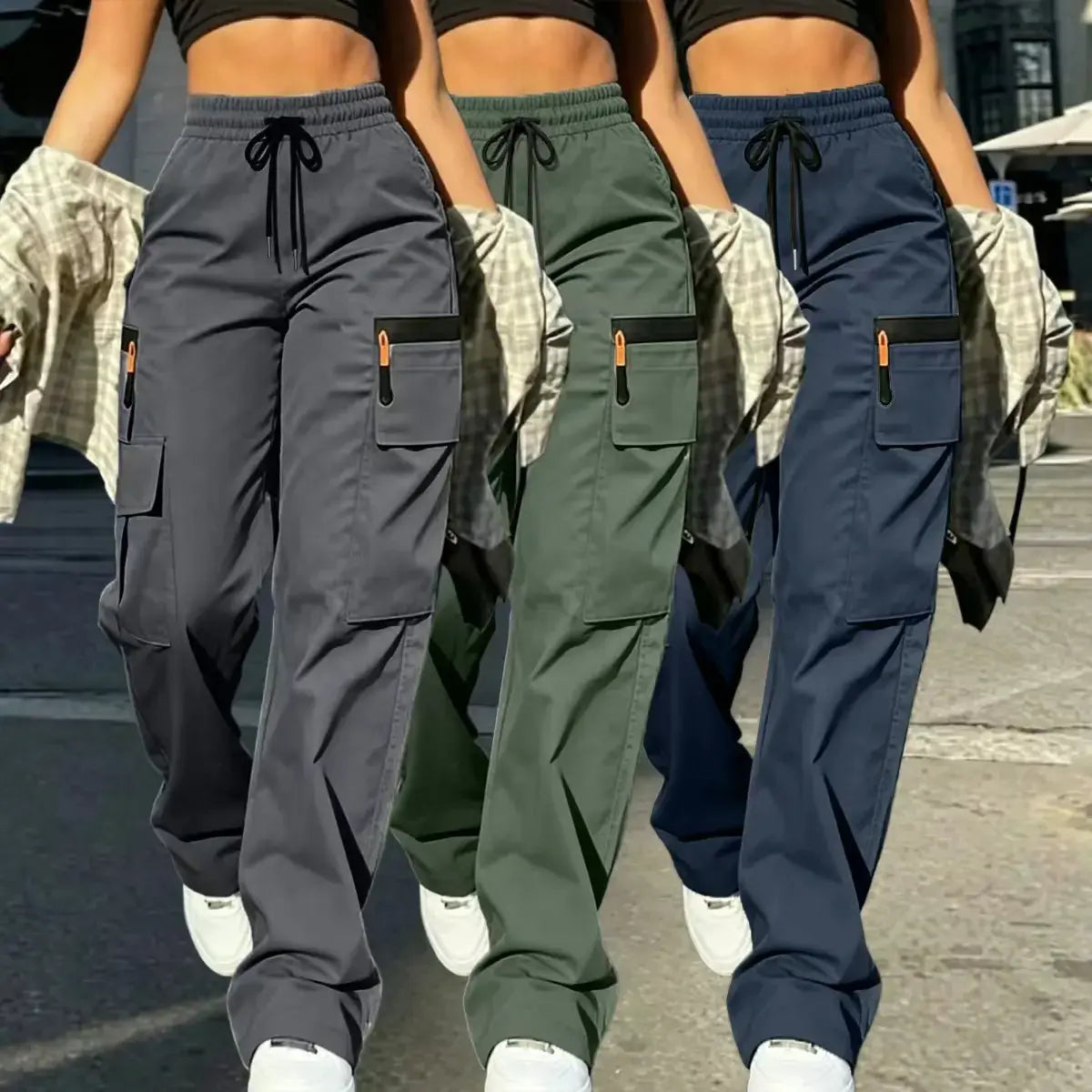 Women’s summer breathable cargo pants three-piece set—lightweight, quick-drying outdoor casual long pants featuring an elastic waistband, faux zipper decoration, multiple pockets, and an adjustable belt.