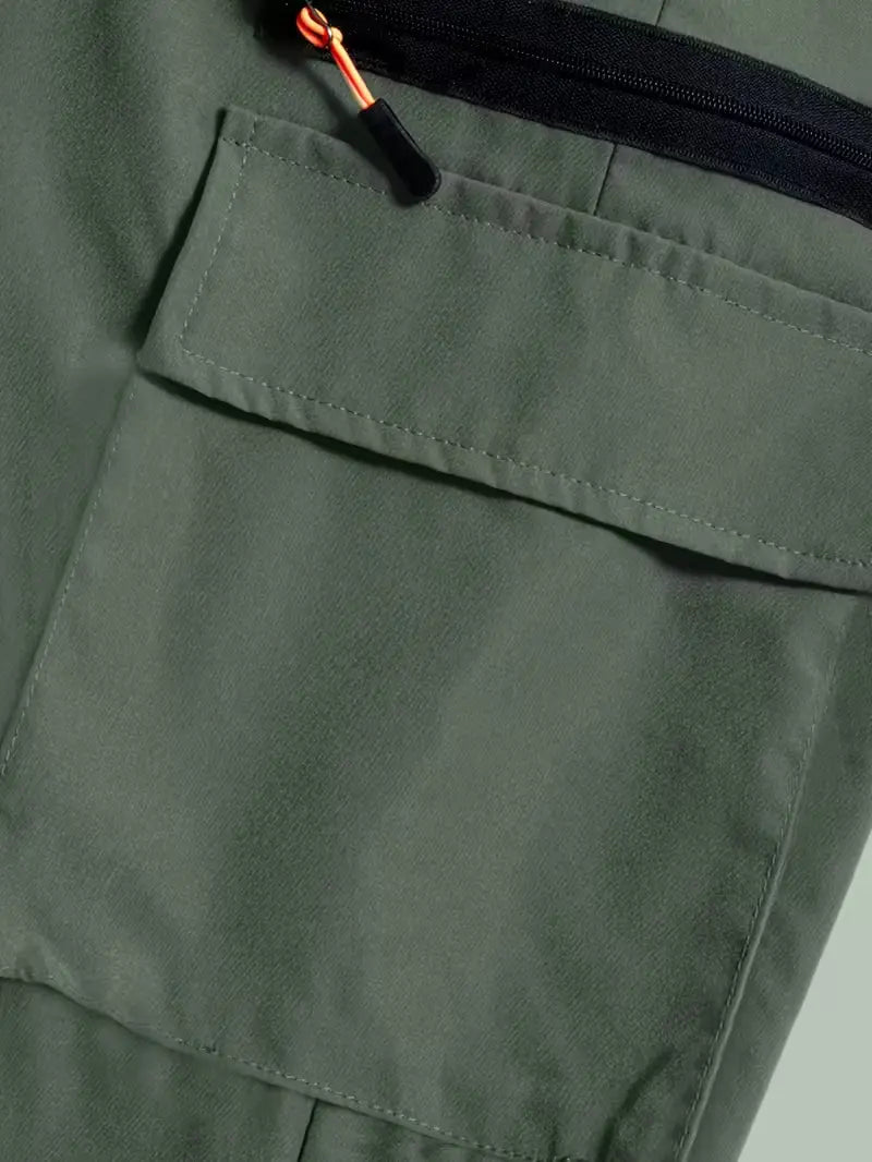 Women’s summer breathable cargo pants three-piece set—lightweight, quick-drying outdoor casual long pants featuring an elastic waistband, faux zipper decoration, multiple pockets, and an adjustable belt.