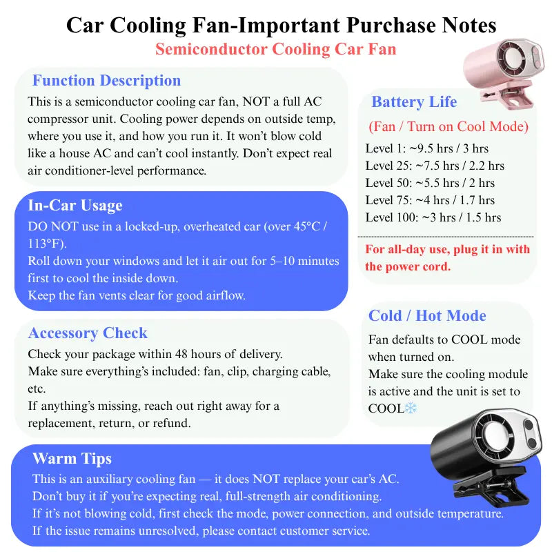 【Summer Survivals】Joytutus Car Clip-On Fan, Car Accessories, Portable Fan with LED Display, 360° Rotation, 100-Speed Stepless Adjustment, USB-Rechargeable Charging Button , Cars Accessories