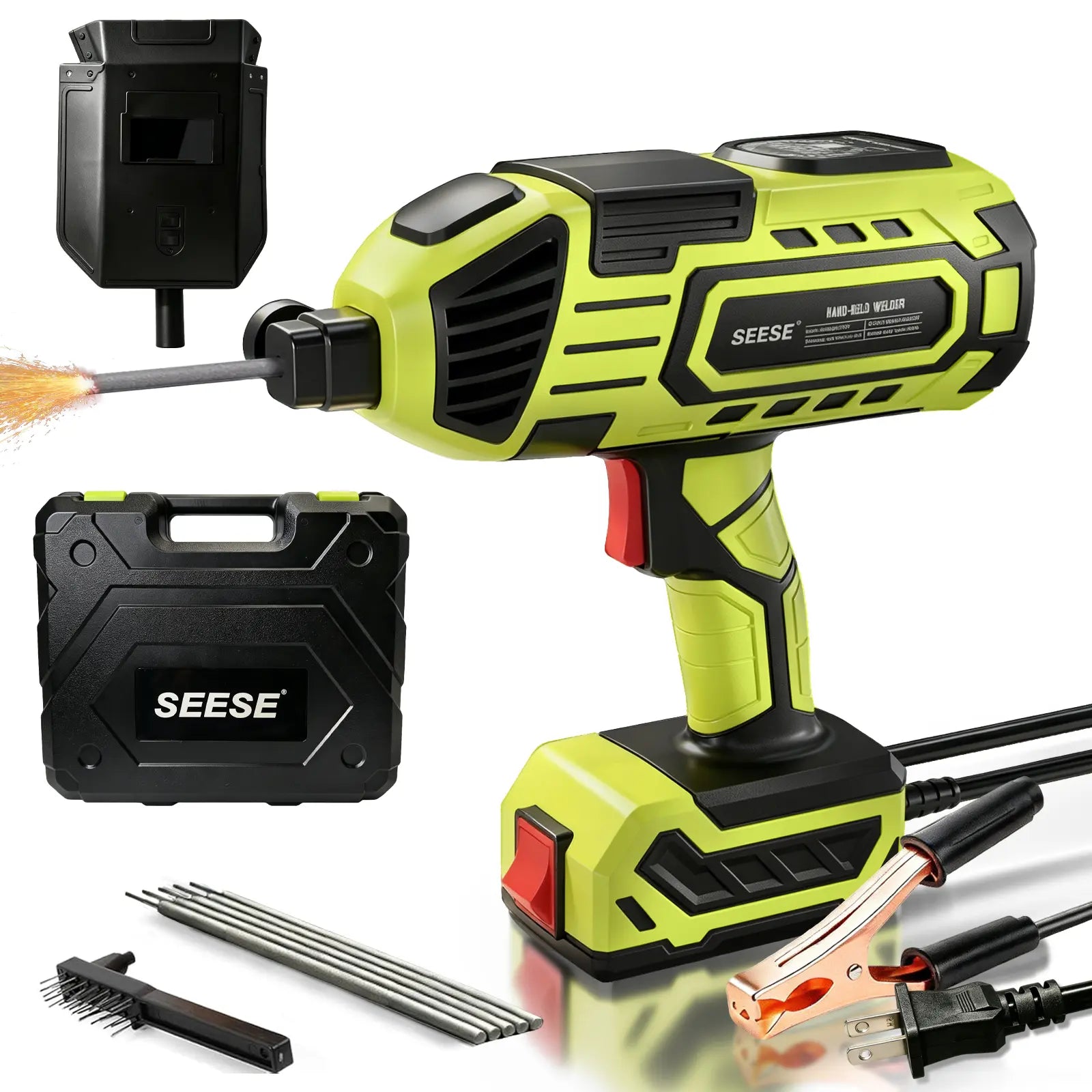 SEESE Portable Electric Welding Machine, 110V Plug-in Powered (Not Battery Operated) Handheld Welder with IGBT Inverter, 5 Variable Current Adjustment, ARC Welder Gun, Fits for 3/32" Wire Rods (Green)