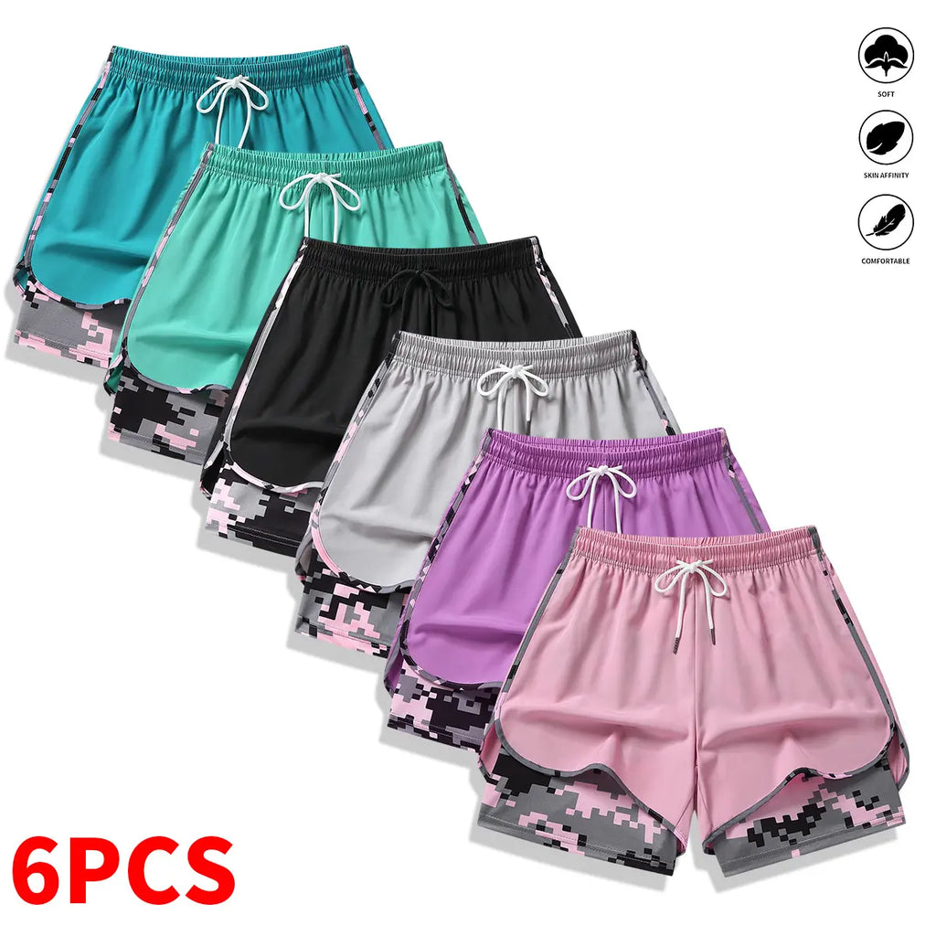 Pack of 6 women’s casual athletic shorts with built-in lining and a drawstring elastic waistband; suitable for outdoor sports, fitness, running, and everyday wear; women’s shorts, athletic shorts, womenswear,summerwins,summeroutfits,vacationoutfits,beacho