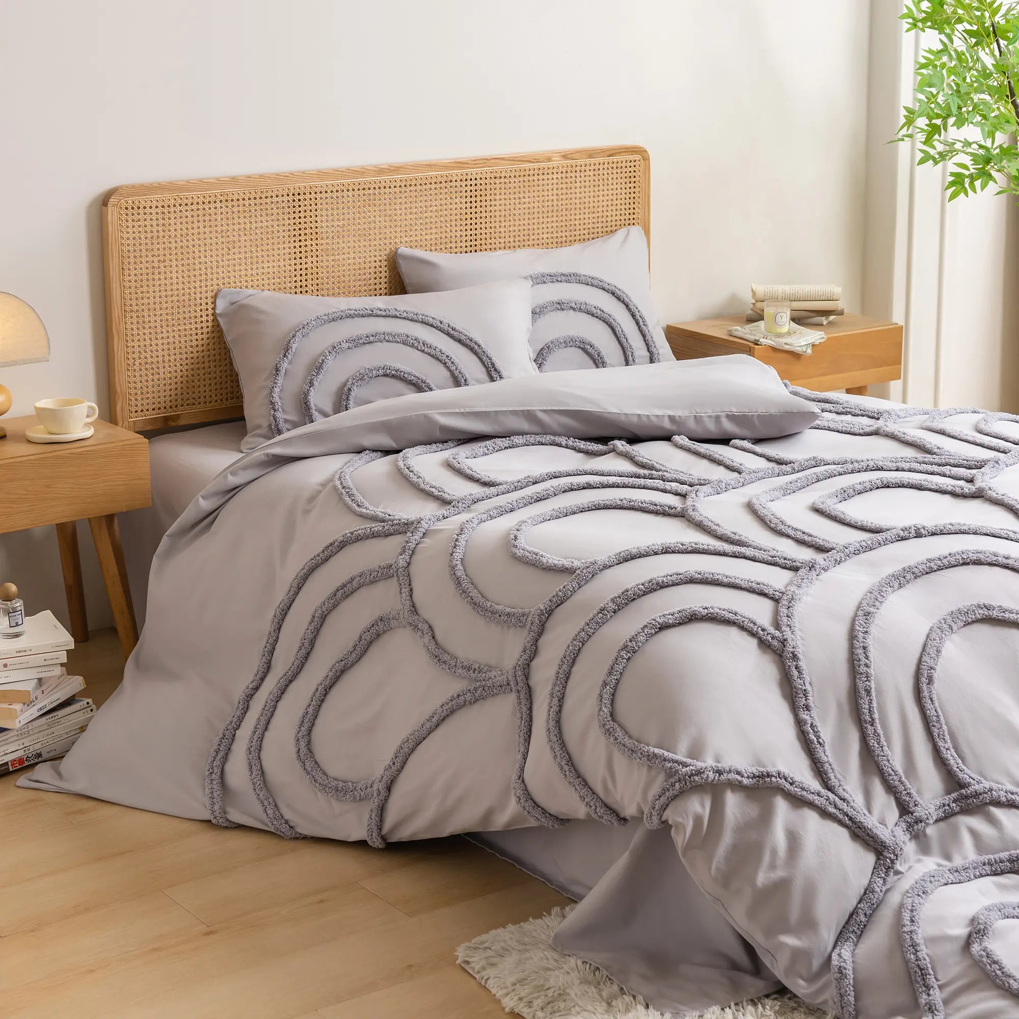 Shimmering Ripples Pattern Duvet Cover Set, Boho Tufted Microfiber Bed Set with Zipper Closure, Includes 1 Duvet Cover and 1 or 2 Pillowcases (No Filler), Soft Comfortable Theme Bedding Set for Home Bedroom, Comfy Bedding Sets - Color: Gray, Size: US King=104x90in=264x229cm