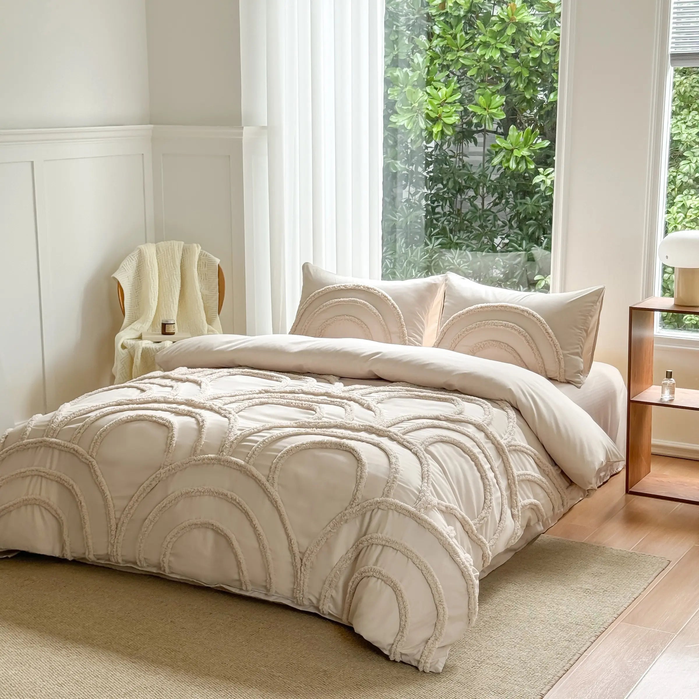 Shimmering Ripples Pattern Duvet Cover Set, Boho Tufted Microfiber Bed Set with Zipper Closure, Includes 1 Duvet Cover and 1 or 2 Pillowcases (No Filler), Soft Comfortable Theme Bedding Set for Home Bedroom, Comfy Bedding Sets - Color: Khaki, Size: US King=104x90in=264x229cm