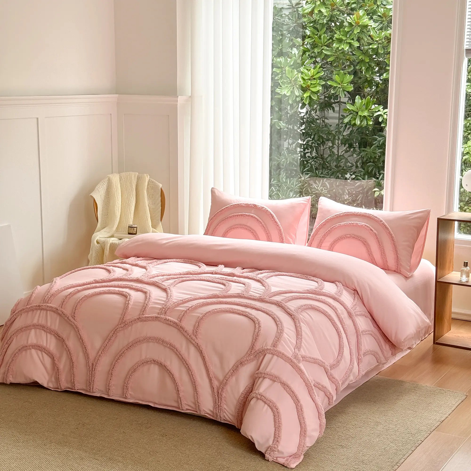 Shimmering Ripples Pattern Duvet Cover Set, Boho Tufted Microfiber Bed Set with Zipper Closure, Includes 1 Duvet Cover and 1 or 2 Pillowcases (No Filler), Soft Comfortable Theme Bedding Set for Home Bedroom, Comfy Bedding Sets - Color: Pink, Size: US King=104x90in=264x229cm