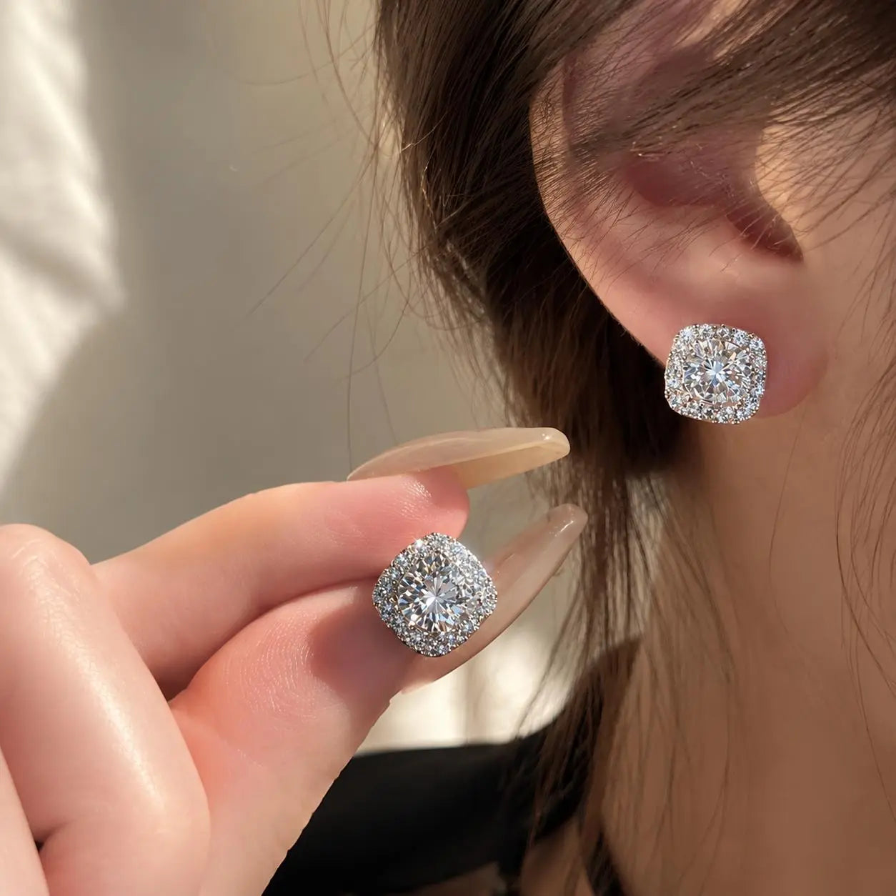 Iced Out Moissanite Halo Studs | 925 Sterling Silver Hip Hop Earrings - Specification: Silver Luxe Square, Carat: Standard size