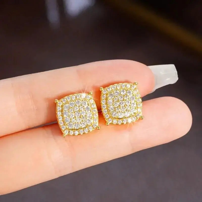 Iced Out Moissanite Halo Studs | 925 Sterling Silver Hip Hop Earrings - Specification: Gold Luxe Square, Carat: Standard size