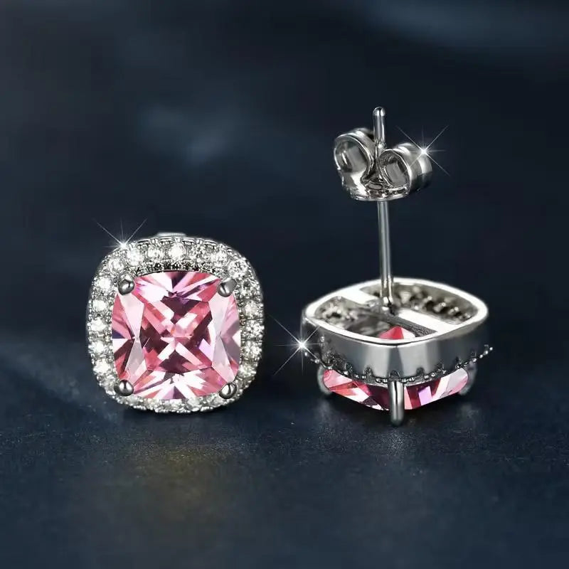 Iced Out Moissanite Halo Studs | 925 Sterling Silver Hip Hop Earrings - Specification: Pink Square, Carat: 1 CT  6.5mm