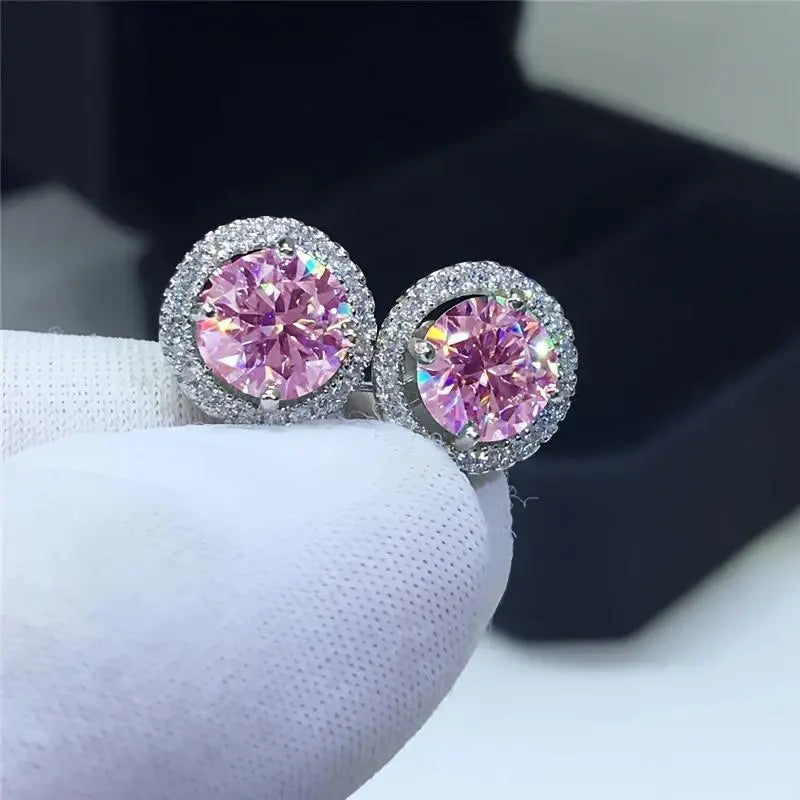 Iced Out Moissanite Halo Studs | 925 Sterling Silver Hip Hop Earrings - Specification: Pink Round, Carat: 1 CT  6.5mm