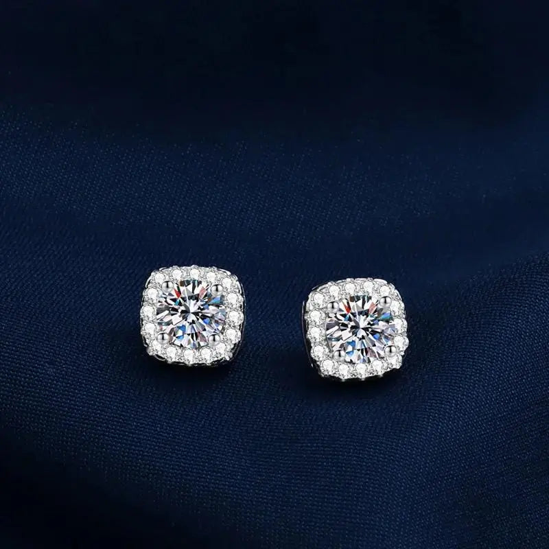 Iced Out Moissanite Halo Studs | 925 Sterling Silver Hip Hop Earrings - Specification: Silver Square, Carat: 1 CT  6.5mm