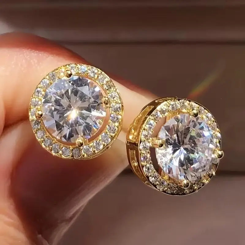 Iced Out Moissanite Halo Studs | 925 Sterling Silver Hip Hop Earrings - Specification: Gold Round, Carat: 1 CT  6.5mm