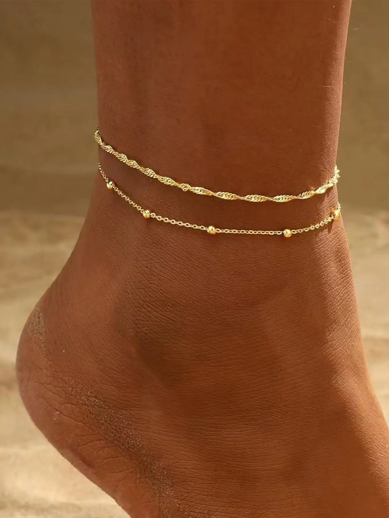 2 Pcs Gold Anklets for Women, Waterproof 14K Gold Plated Cuban Link and Beaded Stackable Bracelets, Non-Tarnish Lightweight Custom Jewelry Gifts Layered Anklet