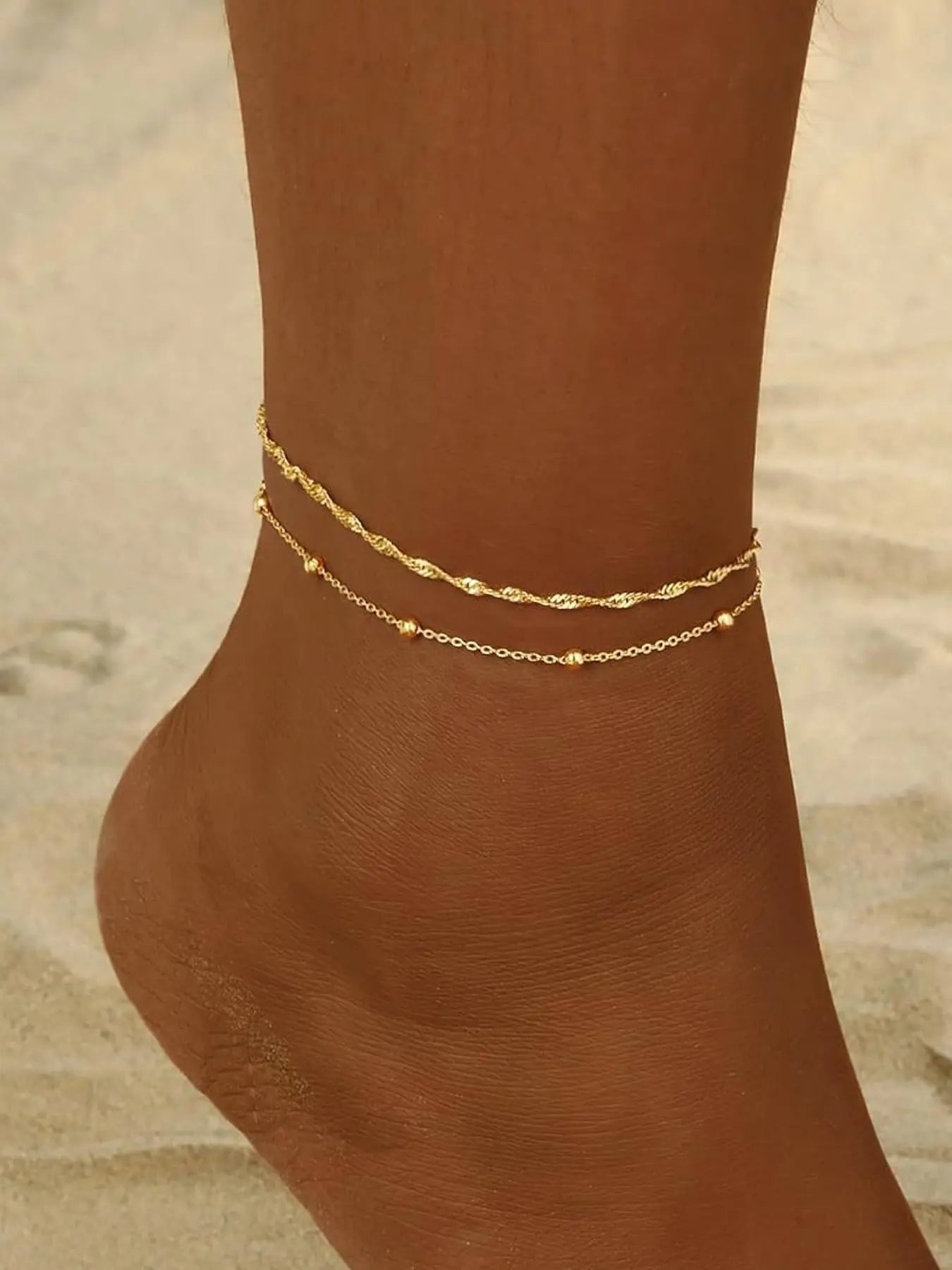 2 Pcs Gold Anklets for Women, Waterproof 14K Gold Plated Cuban Link and Beaded Stackable Bracelets, Non-Tarnish Lightweight Custom Jewelry Gifts Layered Anklet