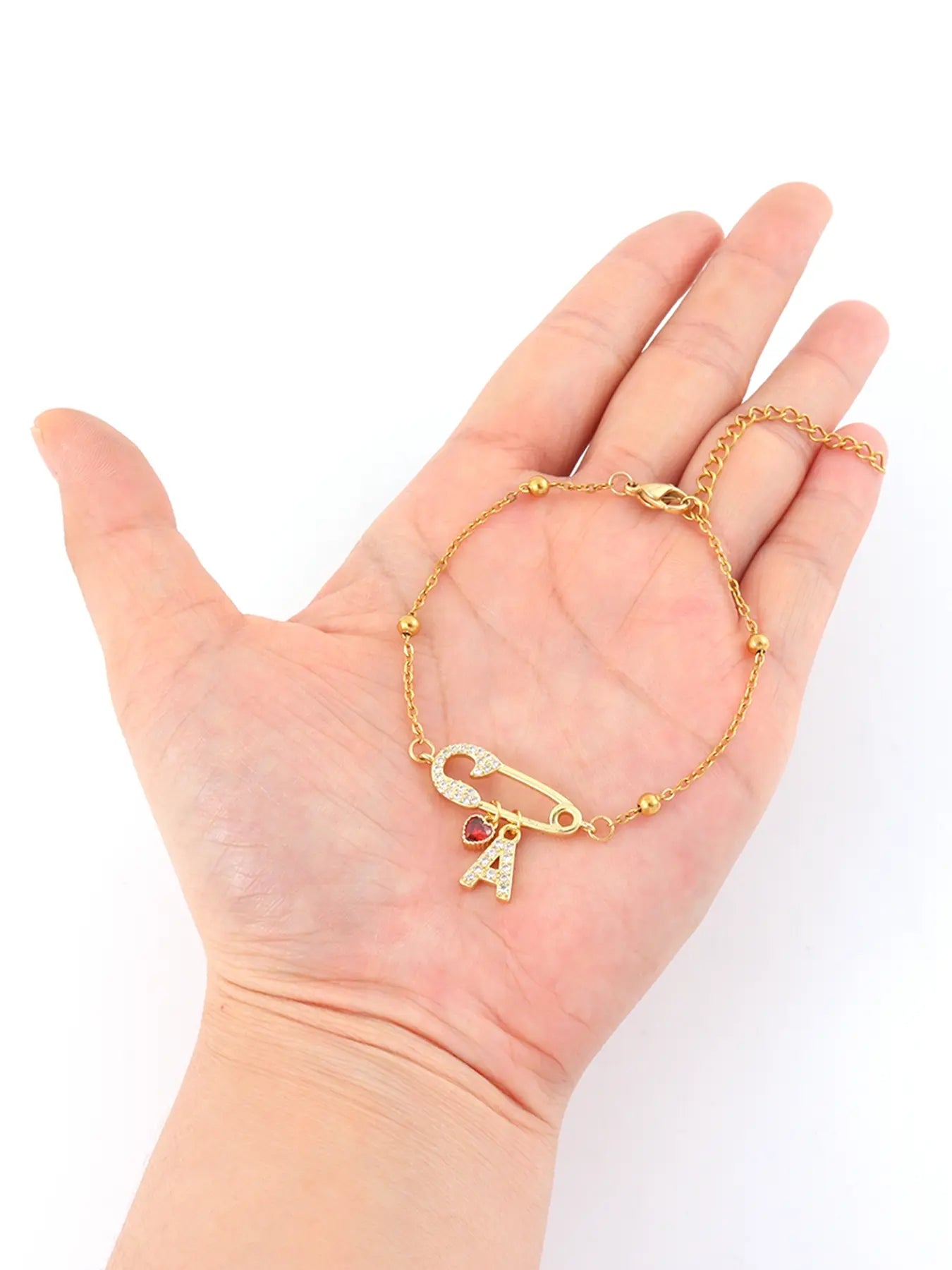 Women's Stainless Steel Bracelet with Pin Heart Crystal Letter Pendant, Chain Link Jewelry, Fashionable Bracelet, Casual Fashion Accessory for All Seasons