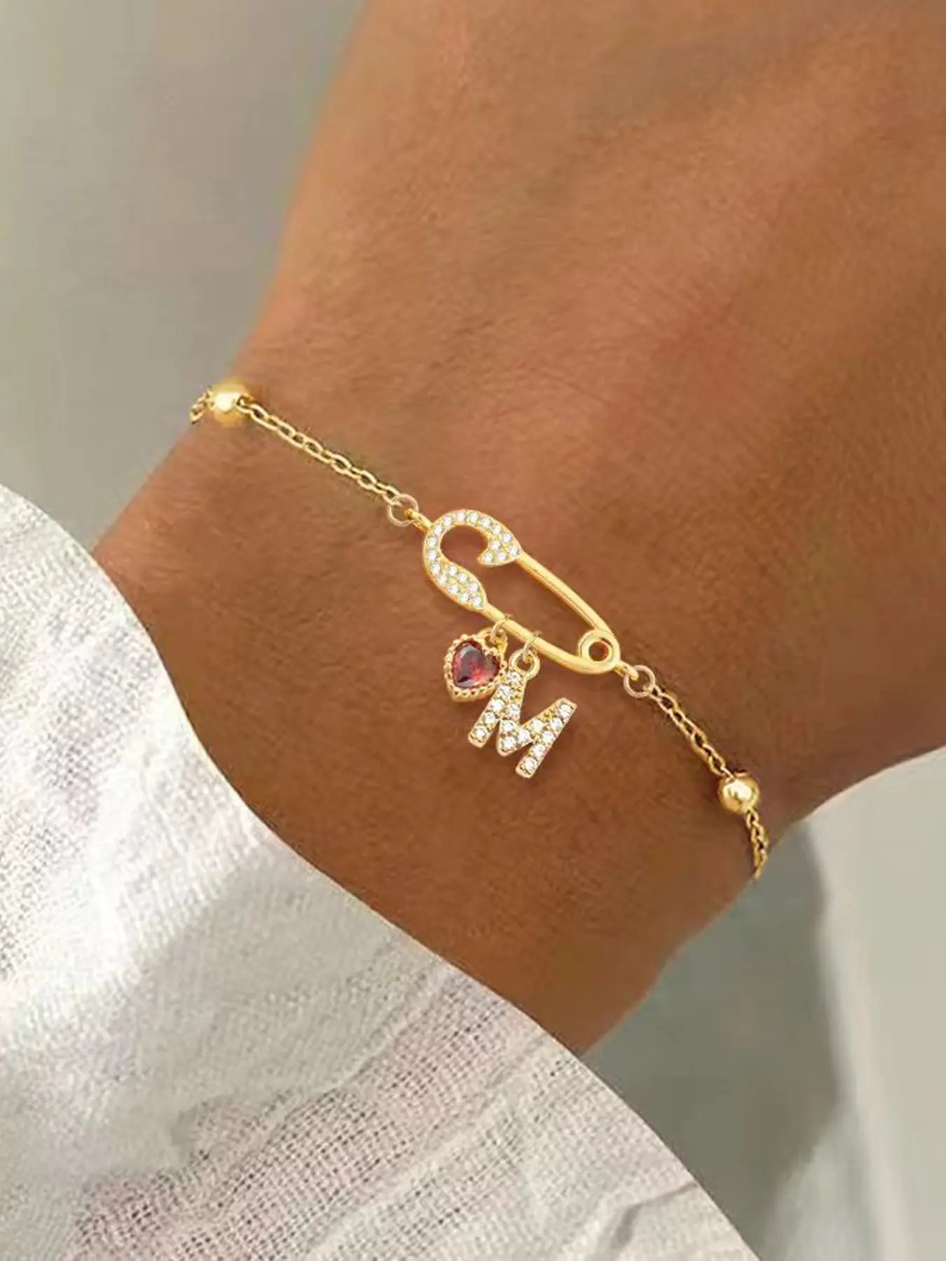Women's Stainless Steel Bracelet with Pin Heart Crystal Letter Pendant, Chain Link Jewelry, Fashionable Bracelet, Casual Fashion Accessory for All Seasons