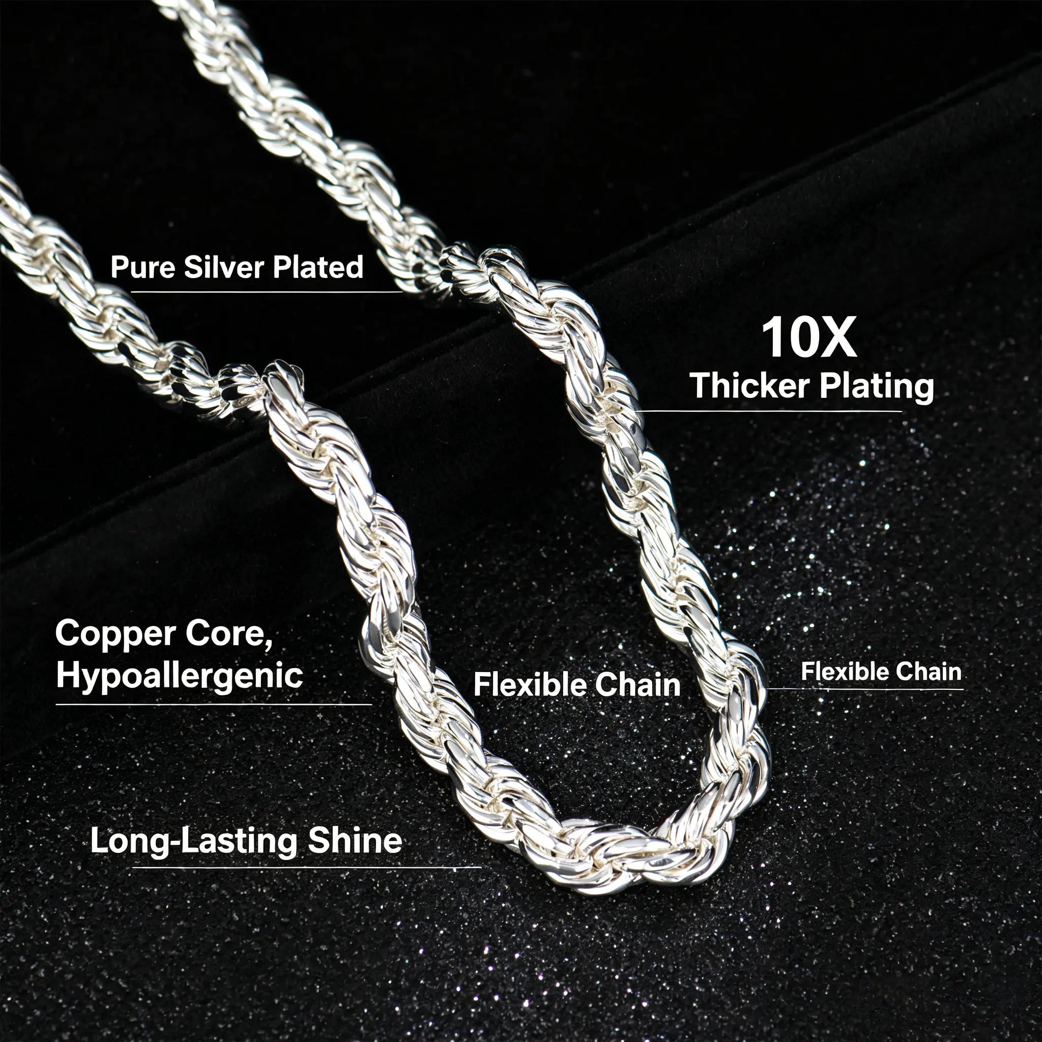 Holylegend Pure Silver Plated Rope Chain ,10X Thicker Silver Coating with Nano Anti-Tarnish Layer, Hypoallergenic Flexible Soft Link Jewelry