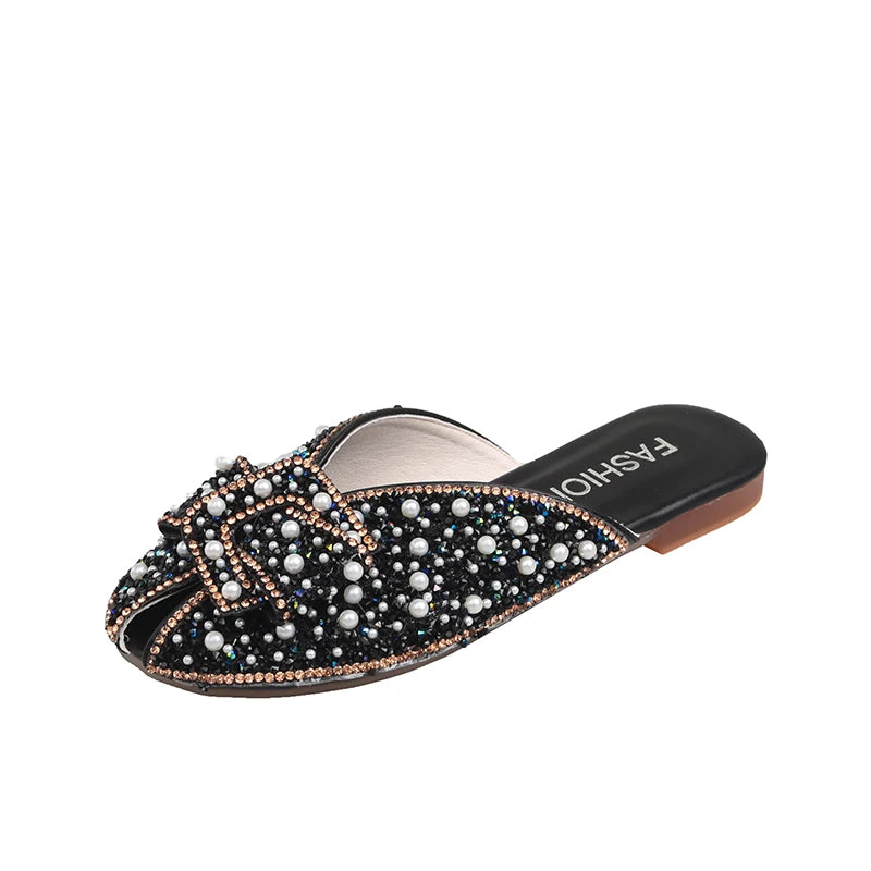2026 New Women's Sequined Beaded Decorative Flat Slippers Sweet Style Pearl Leisure Non-slip Baotou Slippers in Spring Summer