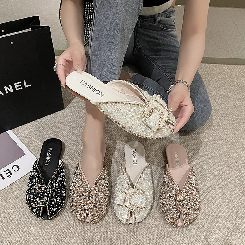 2026 New Women's Sequined Beaded Decorative Flat Slippers Sweet Style Pearl Leisure Non-slip Baotou Slippers in Spring Summer