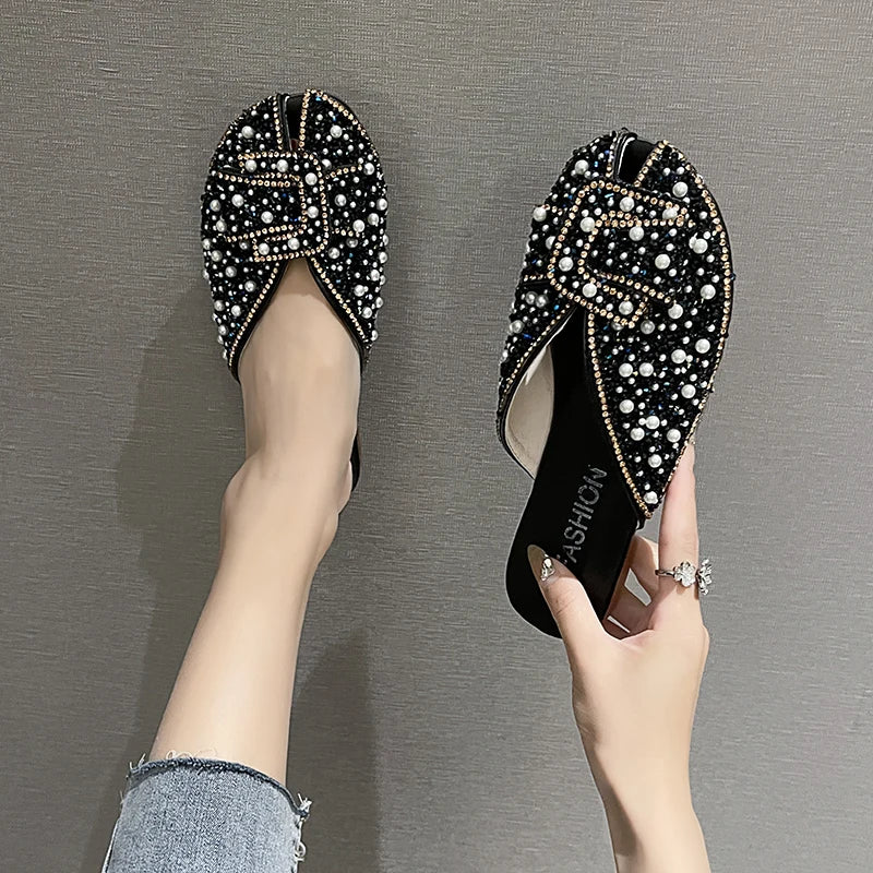 2026 New Women's Sequined Beaded Decorative Flat Slippers Sweet Style Pearl Leisure Non-slip Baotou Slippers in Spring Summer