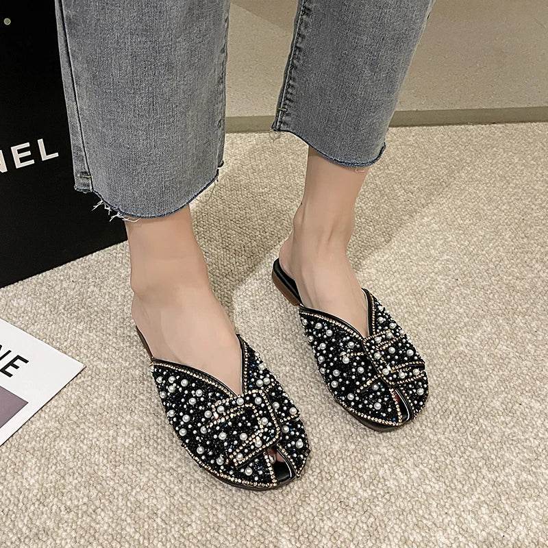 2026 New Women's Sequined Beaded Decorative Flat Slippers Sweet Style Pearl Leisure Non-slip Baotou Slippers in Spring Summer