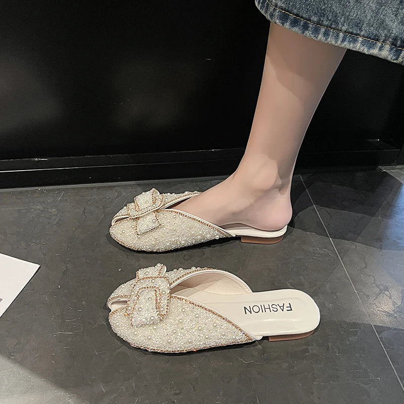 2026 New Women's Sequined Beaded Decorative Flat Slippers Sweet Style Pearl Leisure Non-slip Baotou Slippers in Spring Summer