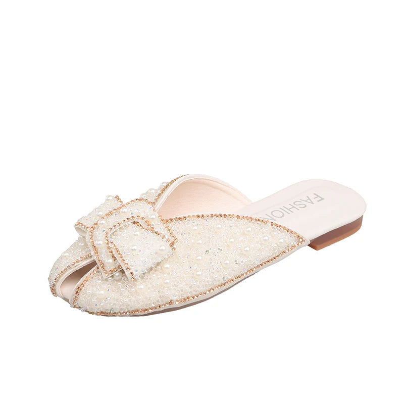 2026 New Women's Sequined Beaded Decorative Flat Slippers Sweet Style Pearl Leisure Non-slip Baotou Slippers in Spring Summer - Color: Beige, Shoe Size: 35