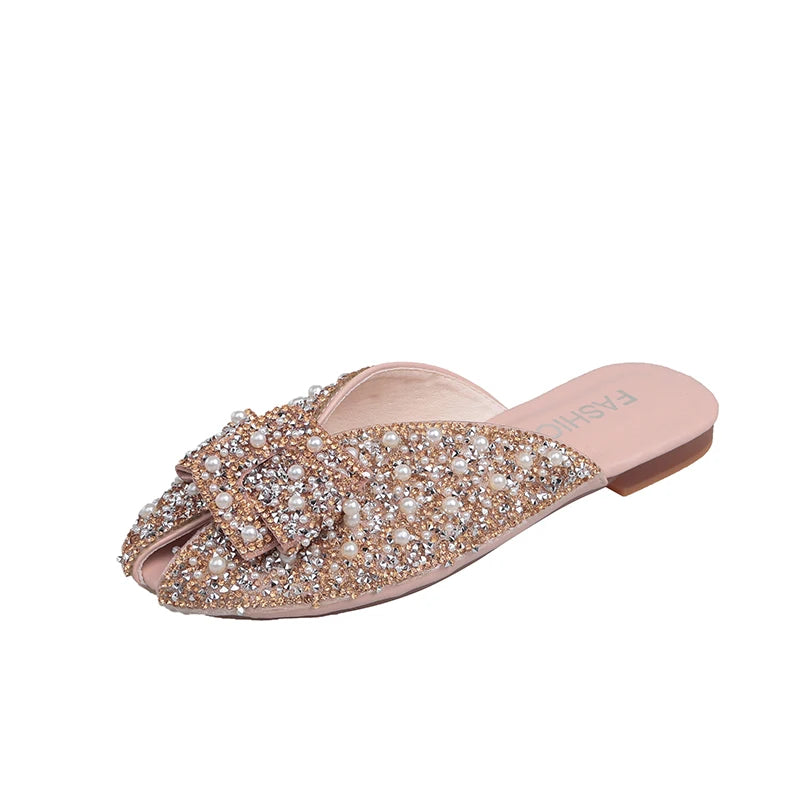 2026 New Women's Sequined Beaded Decorative Flat Slippers Sweet Style Pearl Leisure Non-slip Baotou Slippers in Spring Summer - Color: Pink, Shoe Size: 37